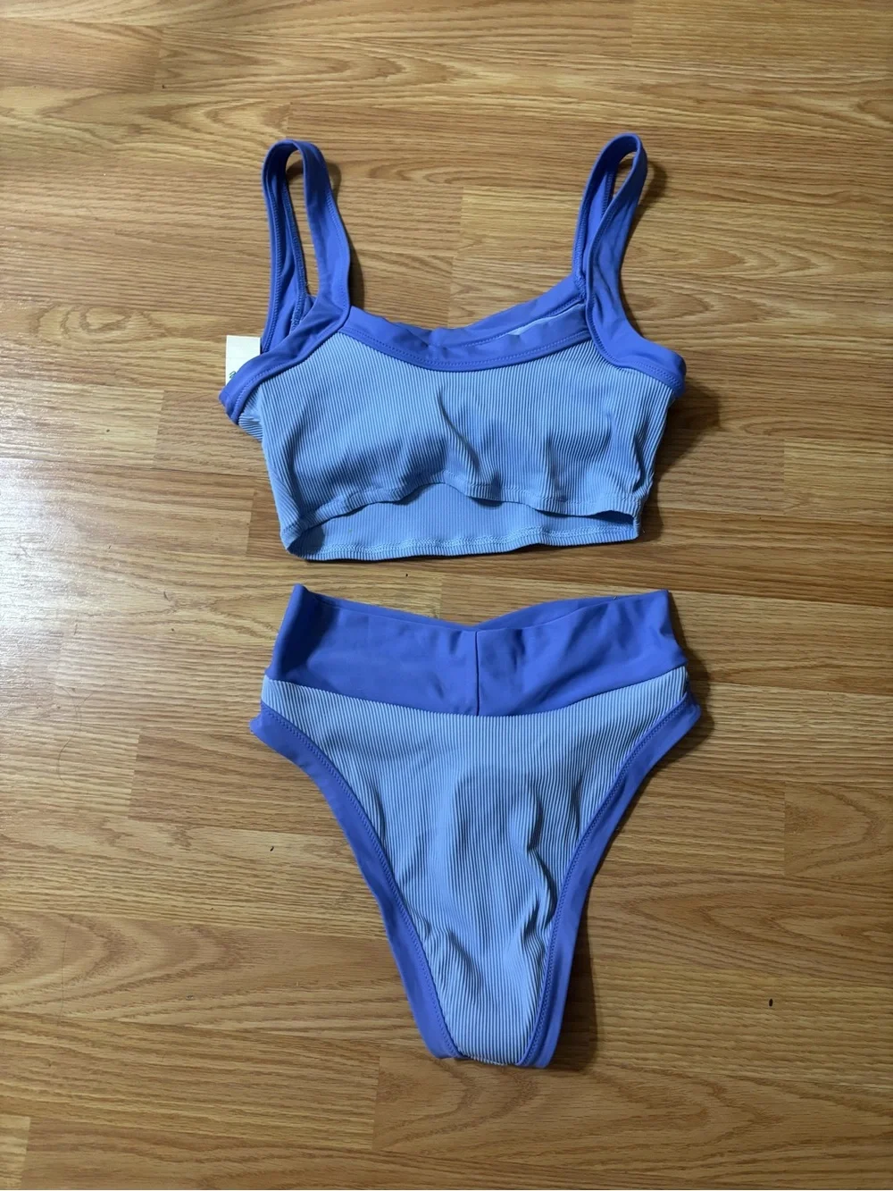 aerie Two-Piece Ribbed Bikini in Light Blue and Periwinkle-Small